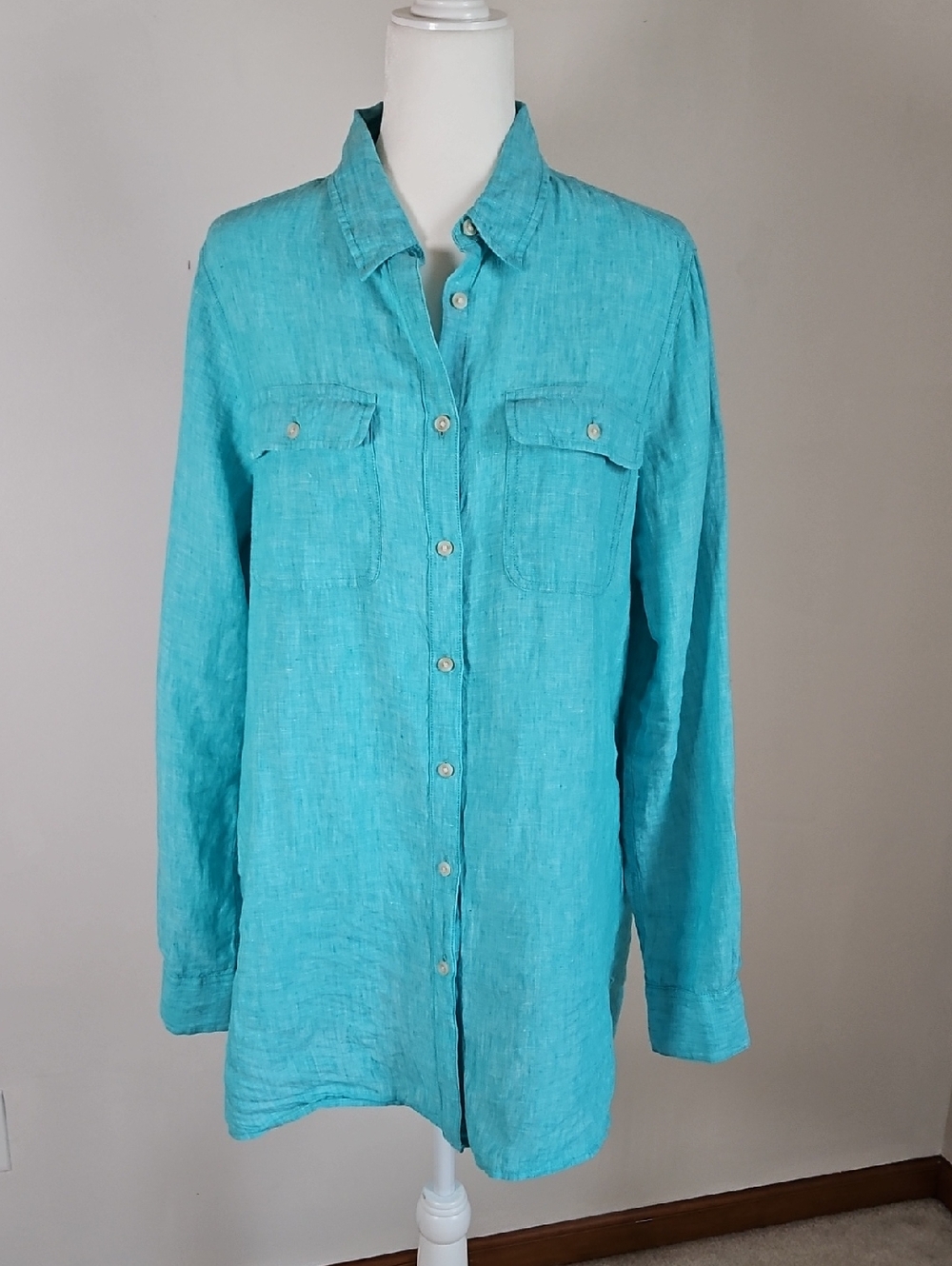 Lands End SZ10/12 Tall Linen Long  Sleeve Tunic Blouse Turquoise Coastal